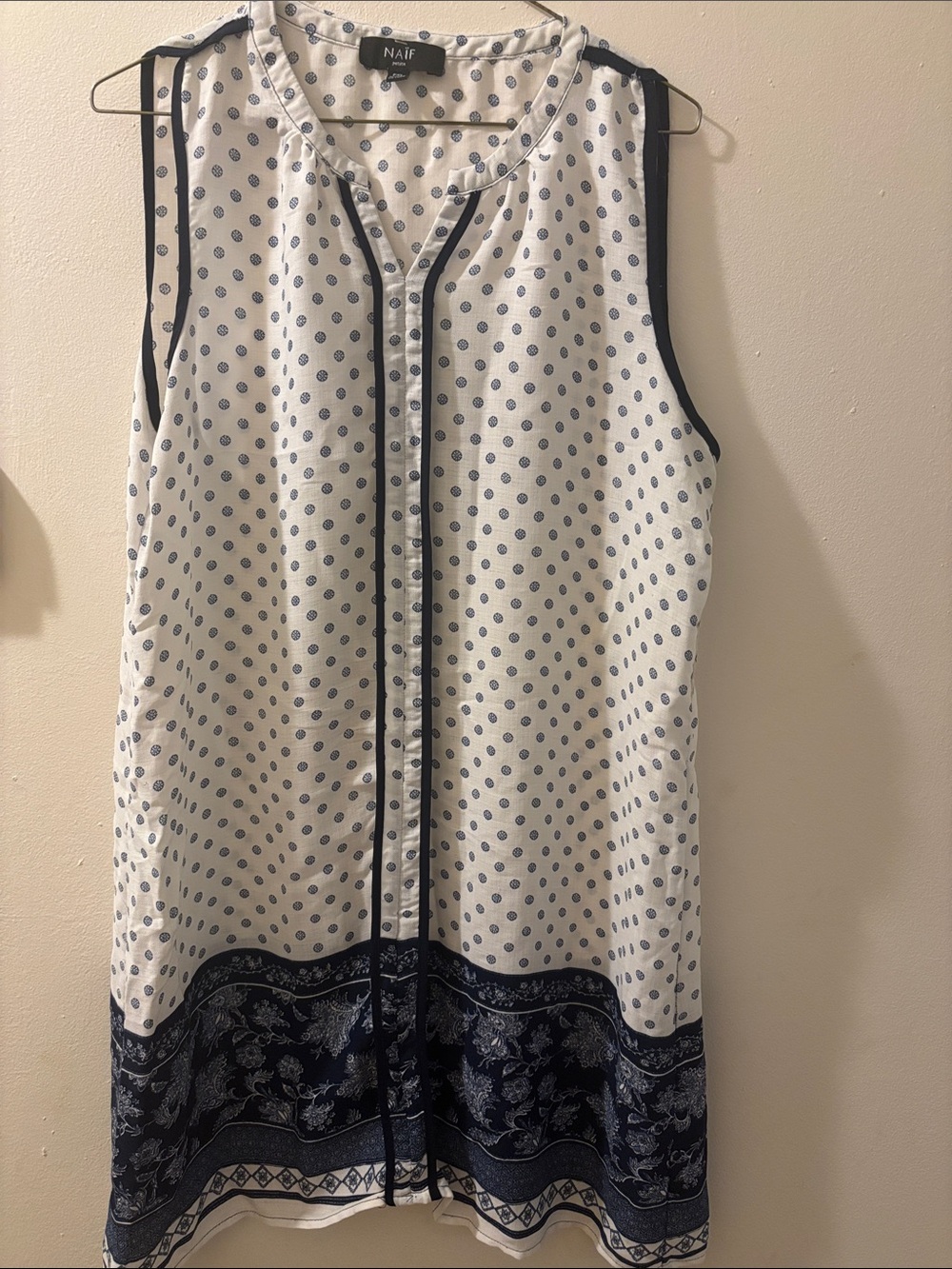NAF NAF White and Navy Polka Dot Border Tunic